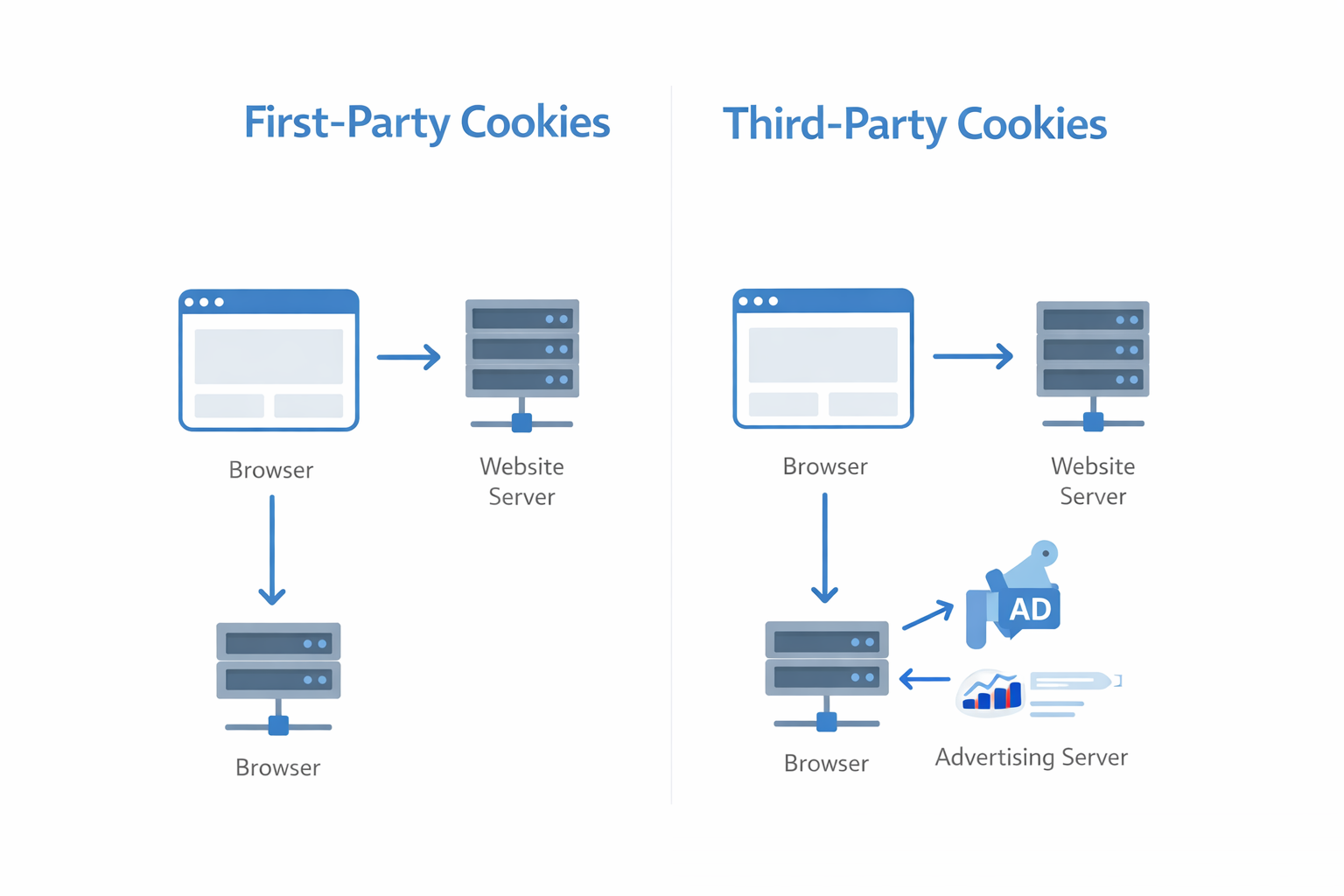 Diagram explaining the difference between first-party cookies and third-party cookies