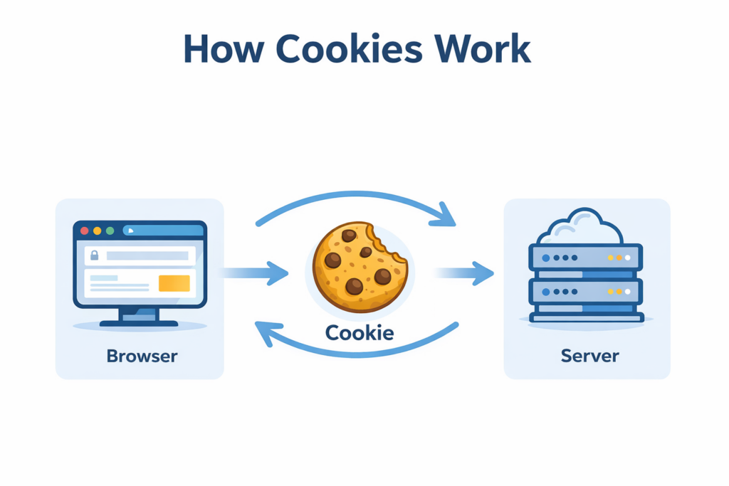 Diagram explaining how web cookies work between a browser and server