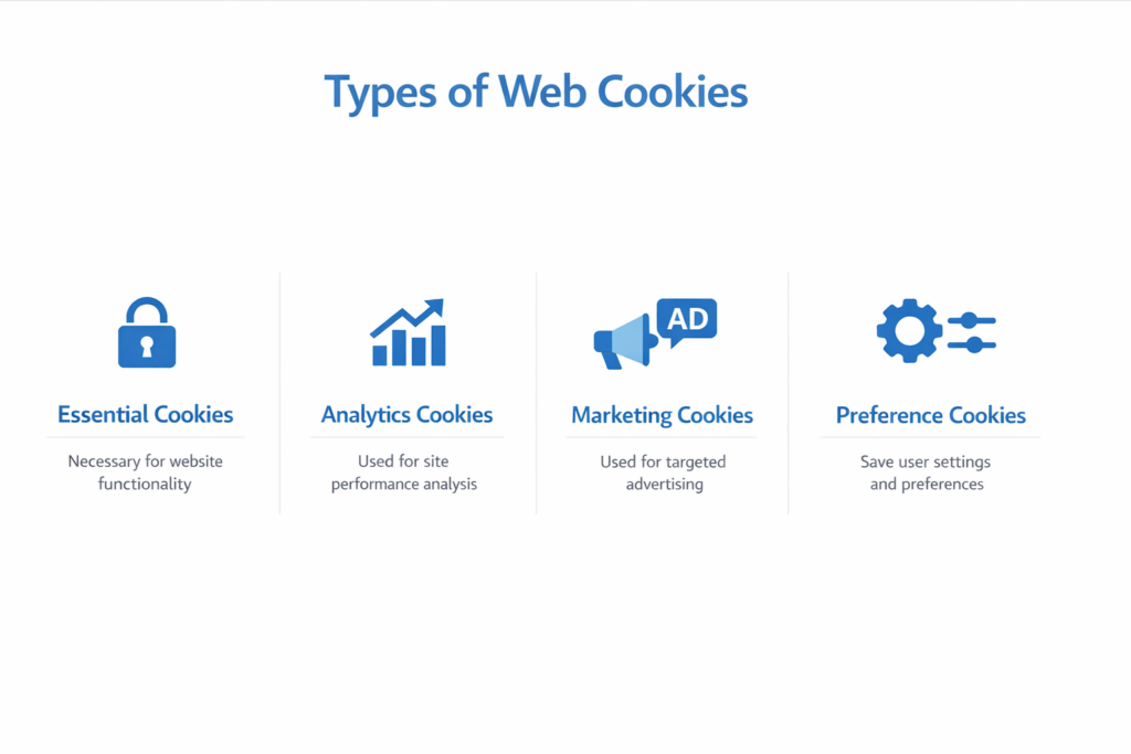 Diagram showing the different types of web cookies including essential, analytics, marketing, and preference cookies
