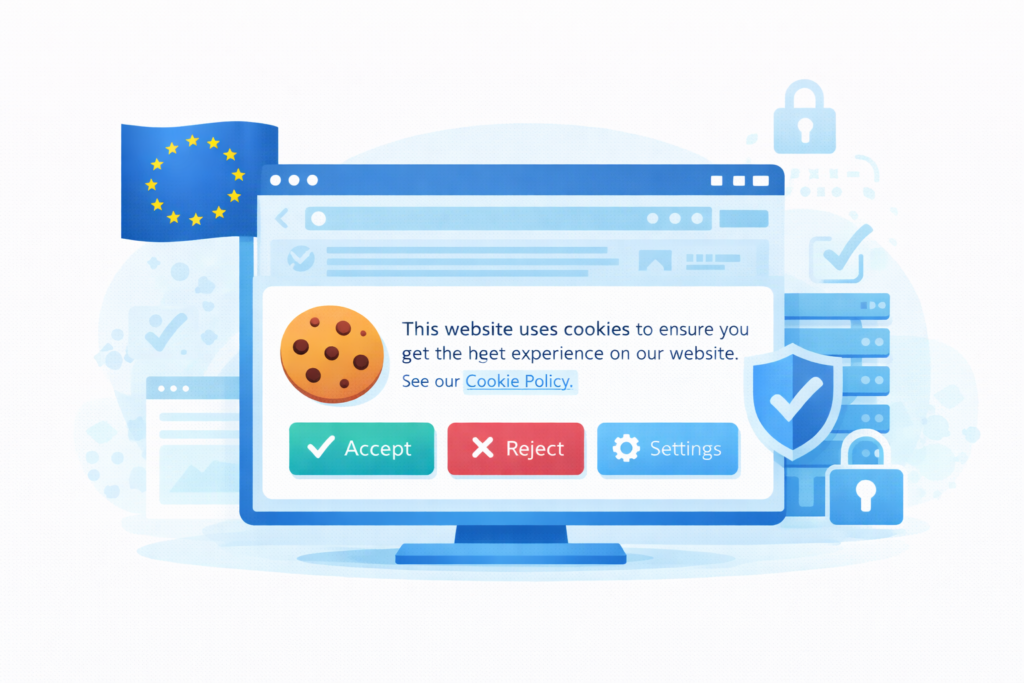 Illustration of GDPR cookie consent banner with EU privacy and compliance symbols