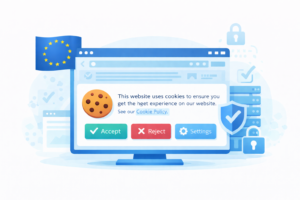 Illustration of GDPR cookie consent banner with EU privacy and compliance symbols