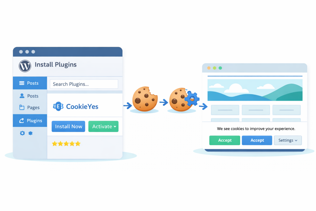 Illustration showing CookieYes plugin installation and cookie banner setup workflow in WordPress