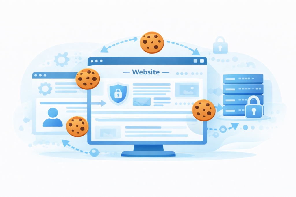 Illustration showing how web cookies work between a website and a browser