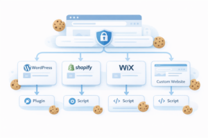 Illustration showing different cookie consent setup paths based on website platforms