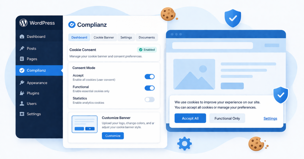 Complianz WordPress cookie consent dashboard and banner example