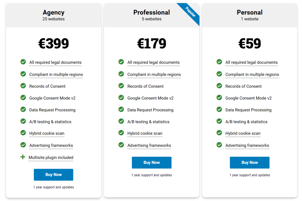 Complianz pricing plans comparison for cookie consent plugin