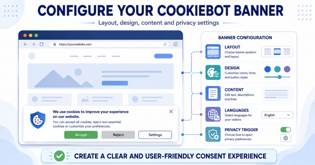 Cookiebot banner configuration showing layout, design, content, language and privacy settings