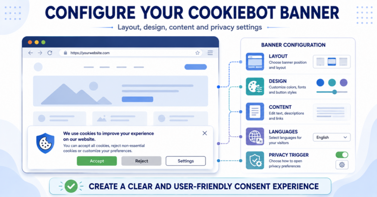 Cookiebot banner configuration showing layout, design, content, language and privacy settings