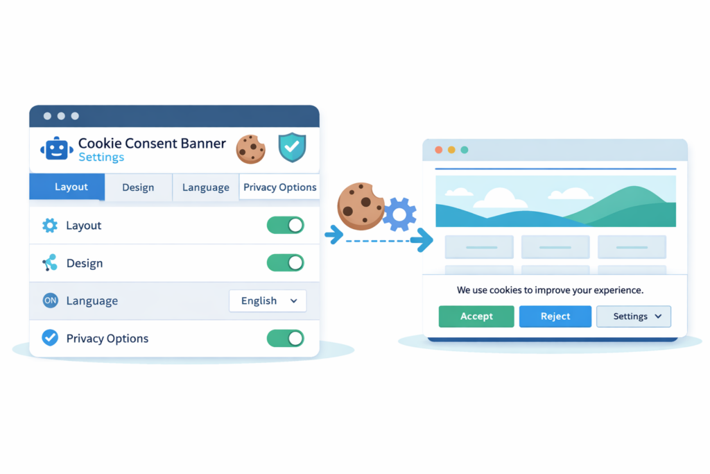 Illustration of Cookiebot banner settings with design and privacy controls