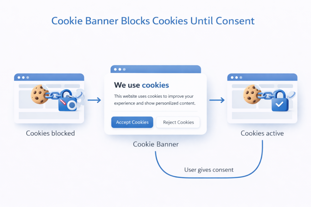 Diagram showing how cookie banners block cookies until user consent is given