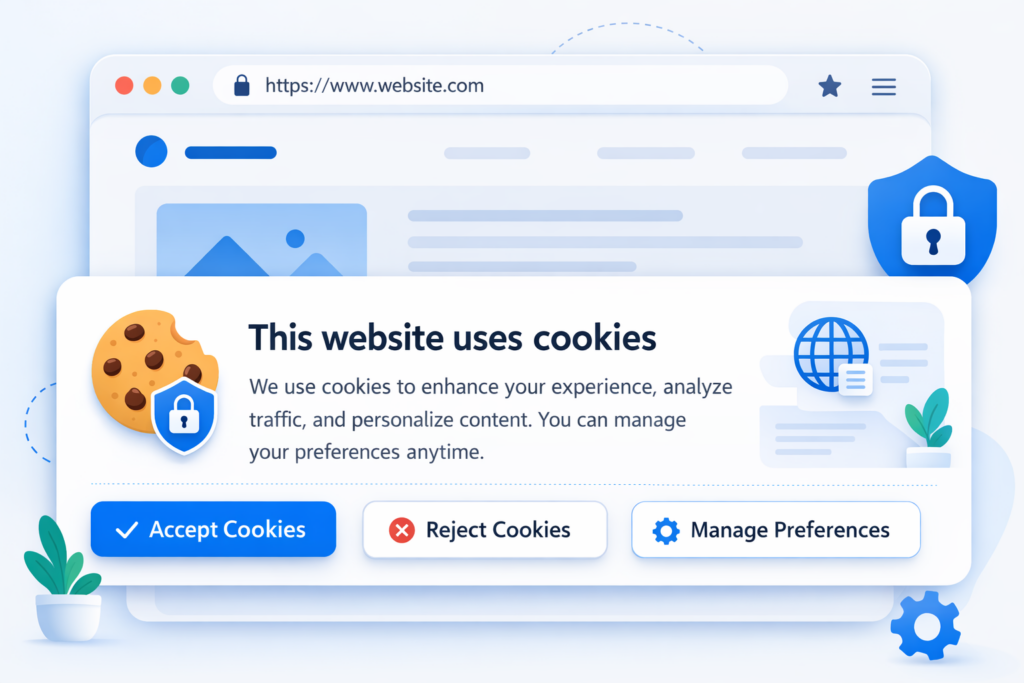 Example of a GDPR compliant cookie banner with accept reject and manage preferences buttons