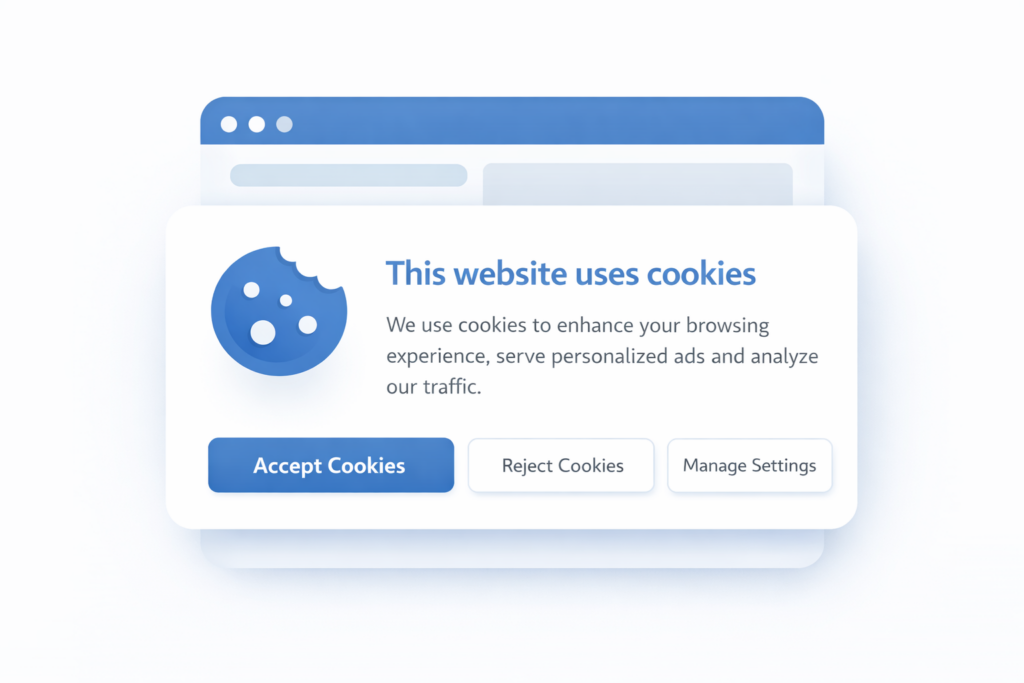Example illustration of a website cookie banner asking users to accept or reject cookies