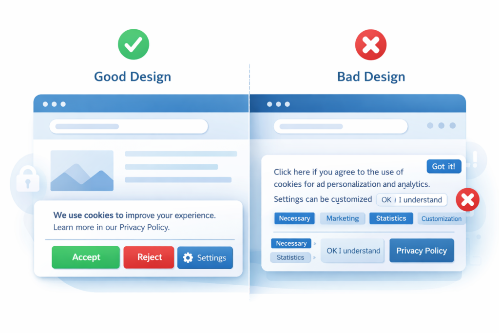 Illustration comparing good and bad cookie banner designs with clear and poor user interfaces