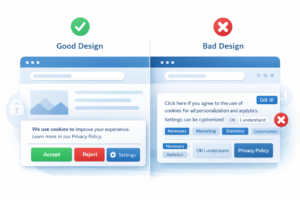 Illustration comparing good and bad cookie banner designs with clear and poor user interfaces