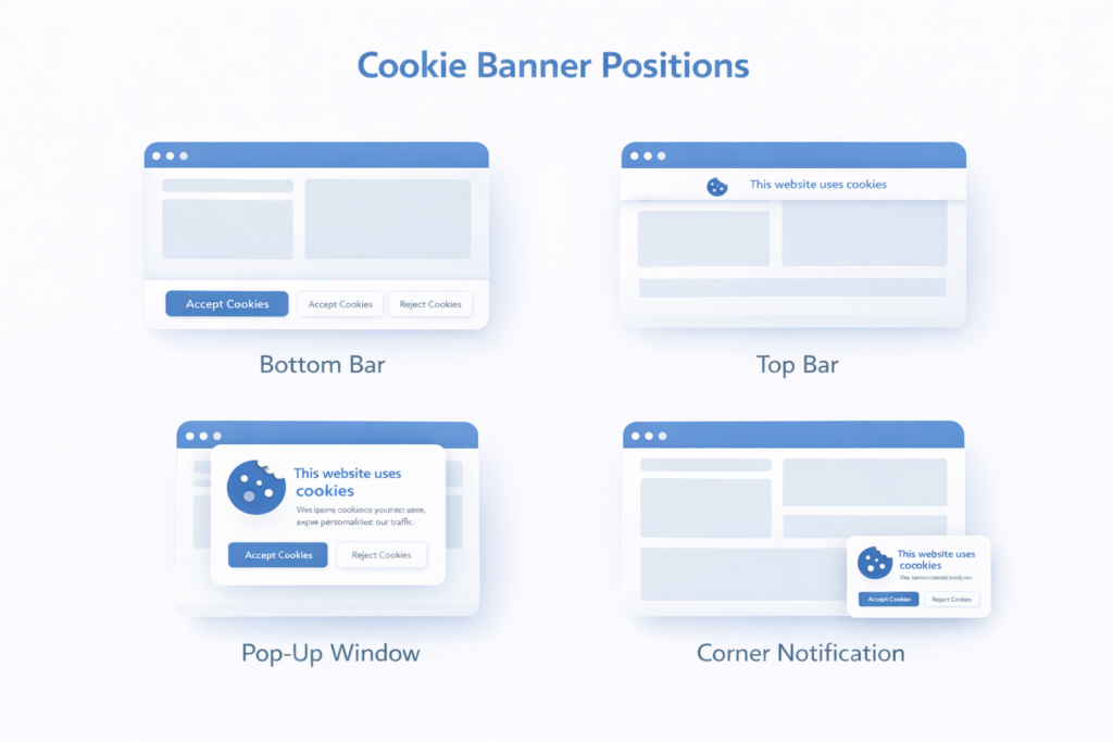Examples of cookie banner positions on a website including bottom bar, top bar, pop-up window and corner notification