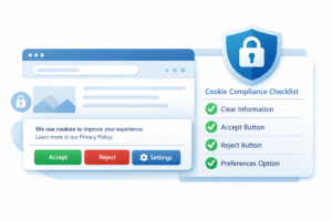 Illustration of a cookie banner with compliance checklist and privacy icons