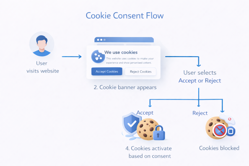 Diagram showing how cookie consent works before cookies are activated on a website