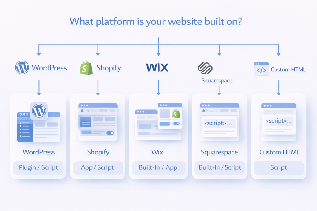Decision flow showing which cookie consent setup type fits different website platforms