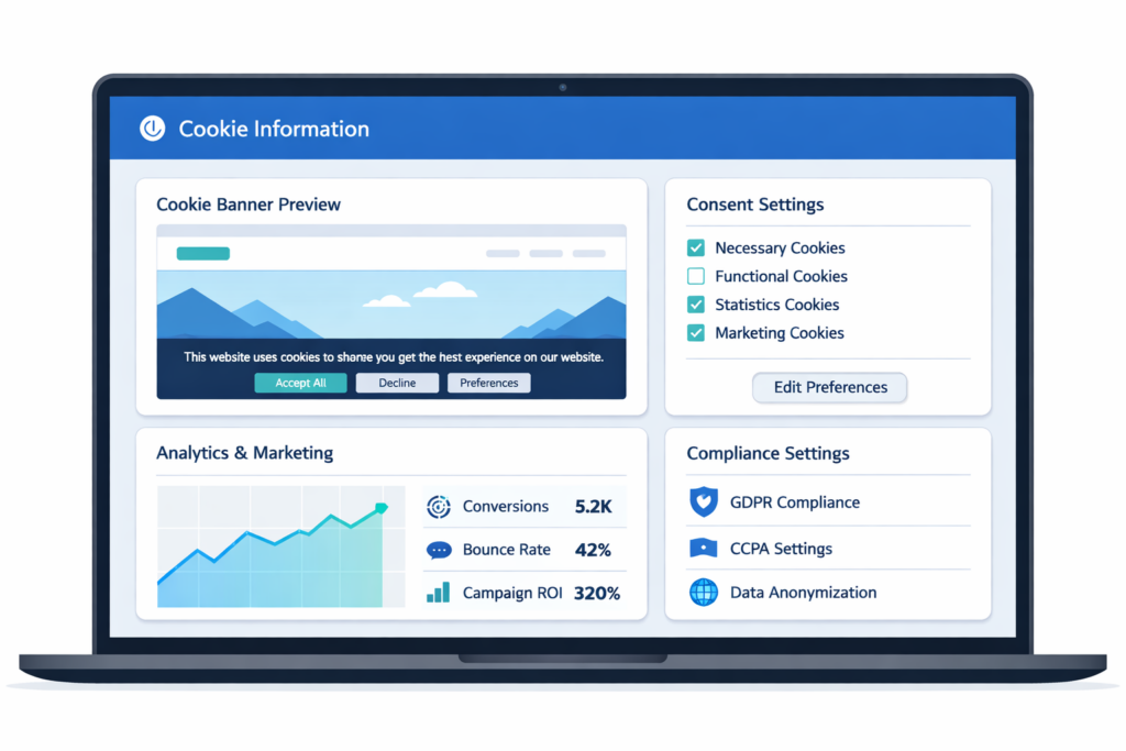 Cookie Information dashboard showing consent management, cookie categories, and analytics controls