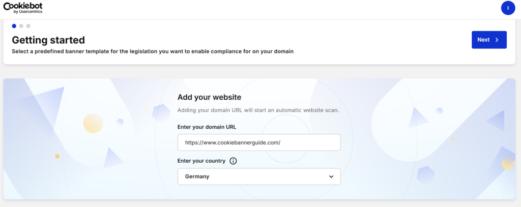 Add your website domain in Cookiebot dashboard