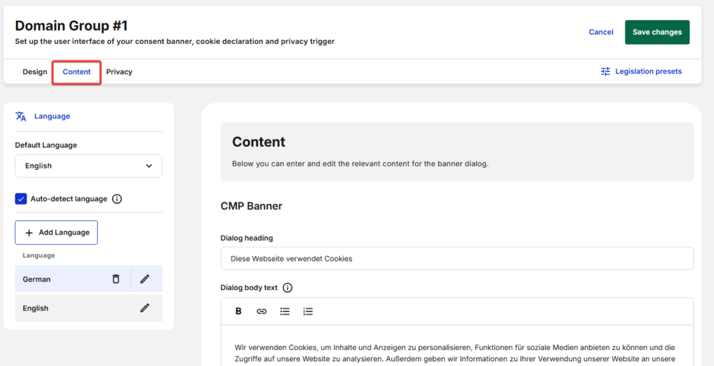 Cookiebot content tab with language settings and banner text editor