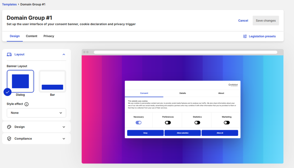 Cookiebot cookie banner design settings