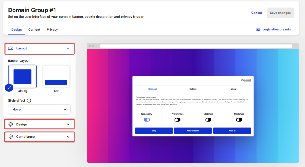 Cookiebot banner layout, design, and compliance settings