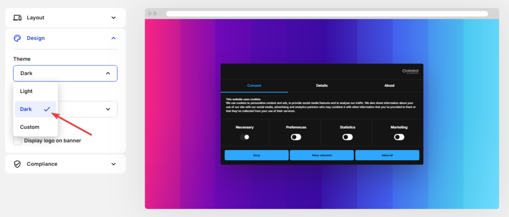 Cookiebot banner design settings with dark theme selected