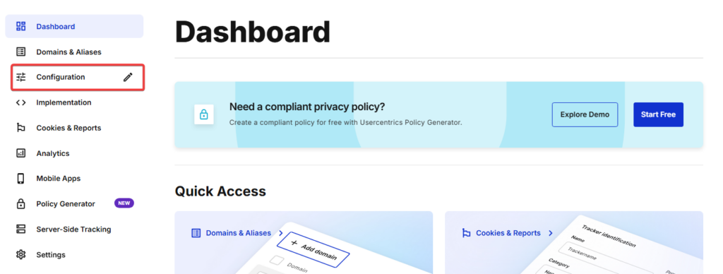 Cookiebot dashboard showing the Configuration section