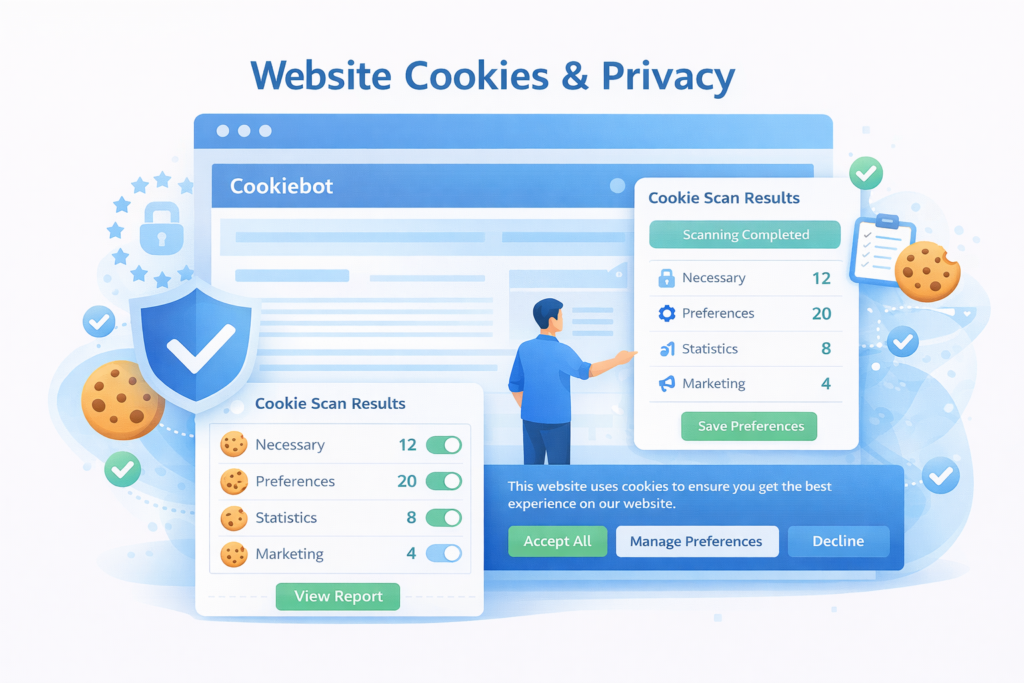 Cookiebot cookie scan results and cookie banner interface