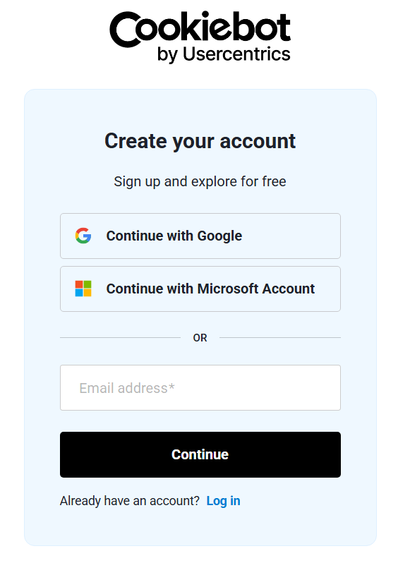 Cookiebot create account sign-up form with email, Google, and Microsoft options