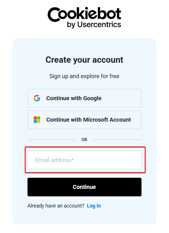 Cookiebot create account signup page