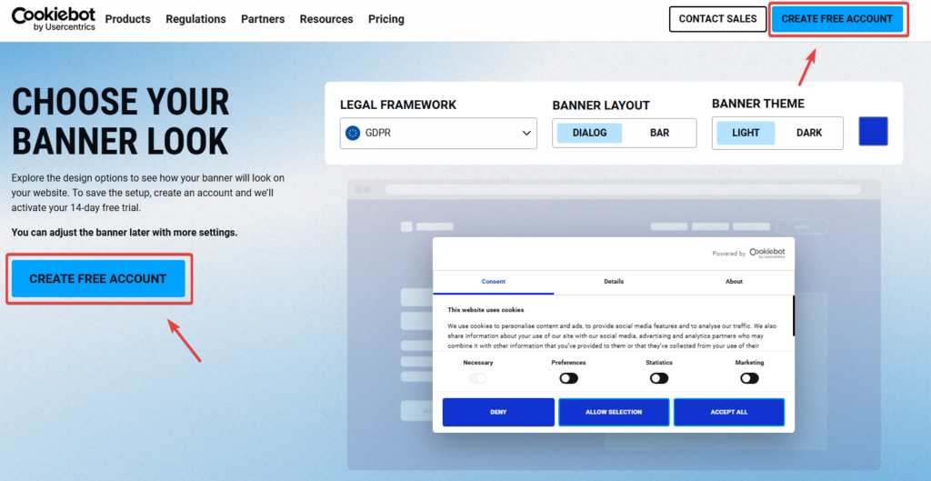 Cookiebot create free account button and banner preview