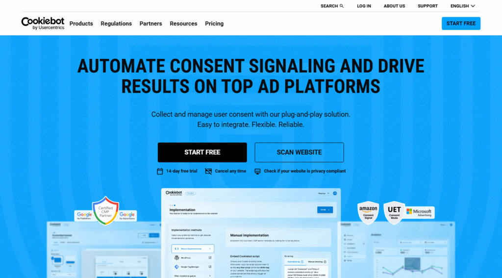 Cookiebot dashboard and GDPR cookie consent platform interface