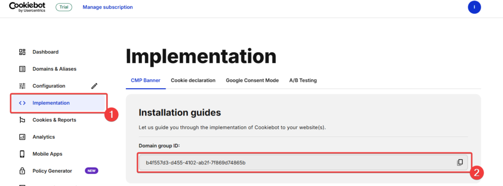 Copy domain group ID from Cookiebot dashboard
