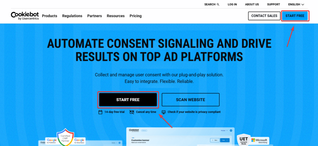 Cookiebot homepage with Start Free button highlighted