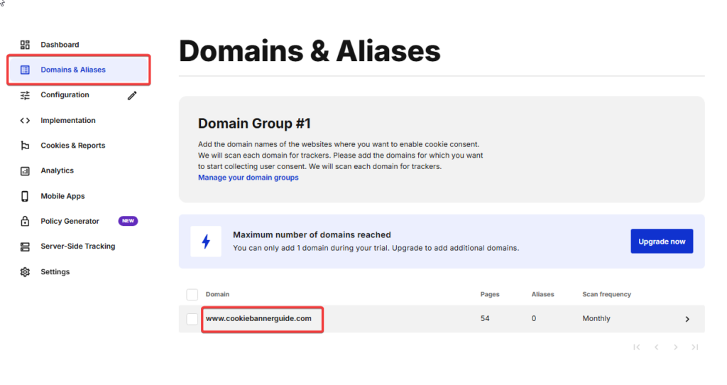 Cookiebot implementation methods screen with manual script, Google Tag Manager, and WordPress options
