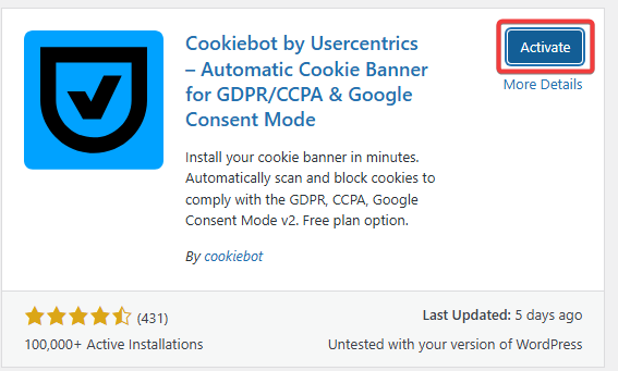 Activate Cookiebot plugin in WordPress