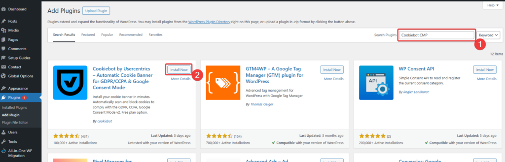 Install Cookiebot CMP plugin in WordPress