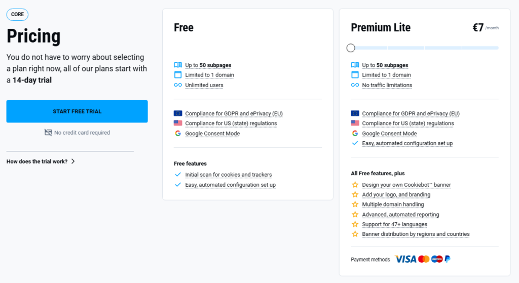 Cookiebot pricing plans and subscription tiers