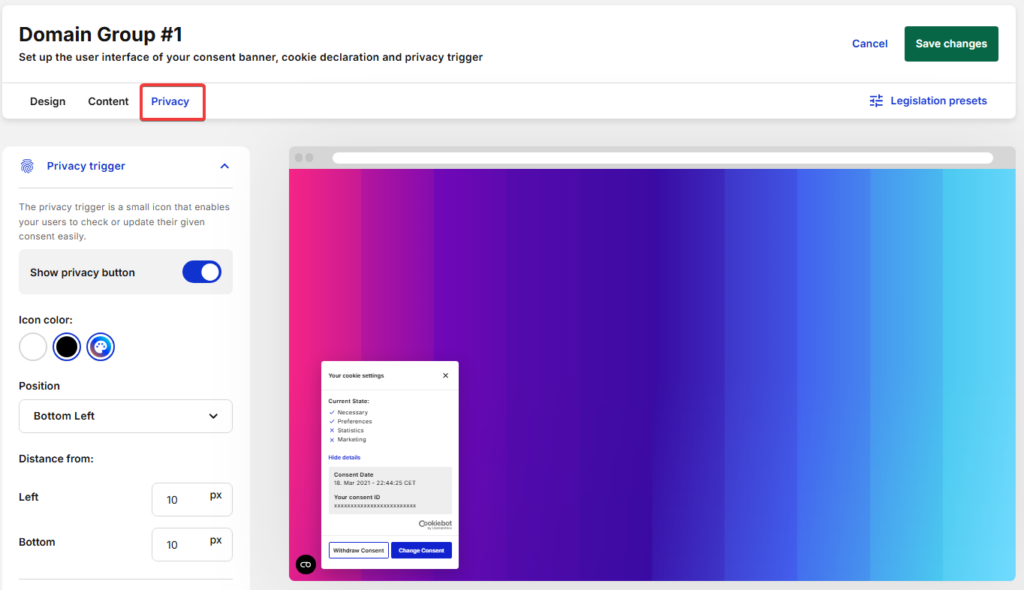 Cookiebot privacy trigger settings in the Privacy tab