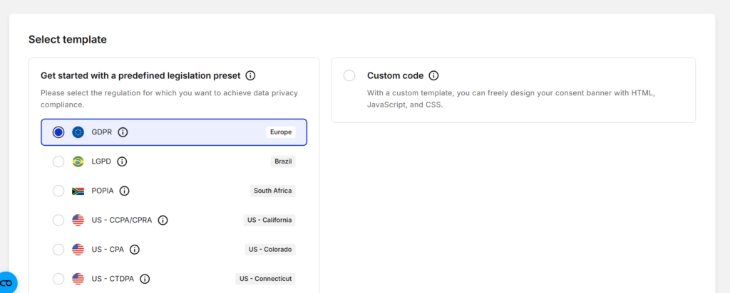 Select GDPR template in Cookiebot consent banner setup