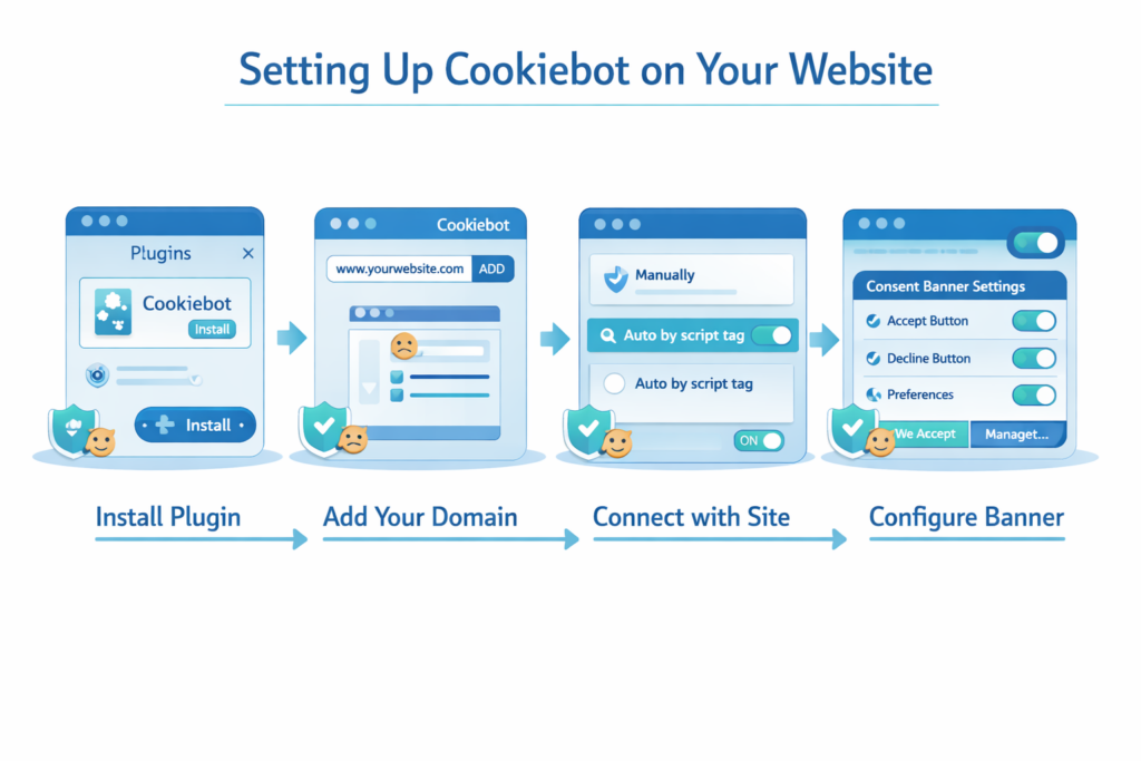 Step-by-step Cookiebot setup process for a website
