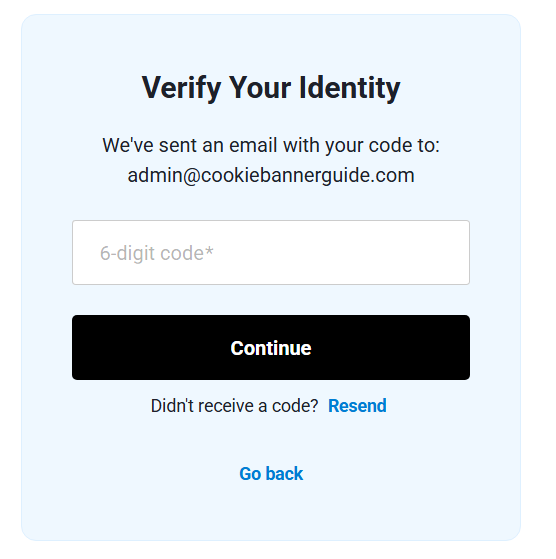 Cookiebot verify your identity screen with six digit code field