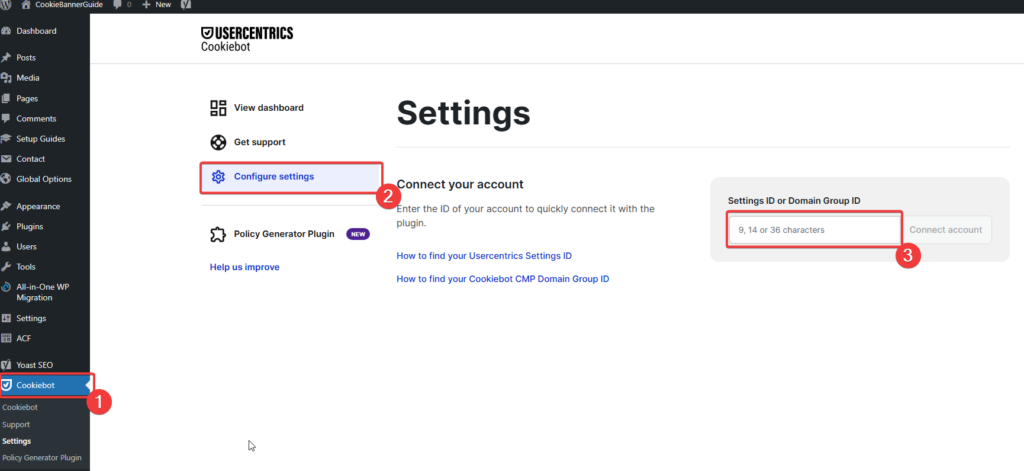Open Cookiebot settings in WordPress