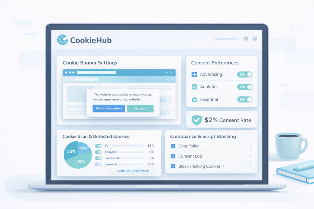 CookieHub dashboard showing cookie banner settings, consent controls, and cookie scanning tools