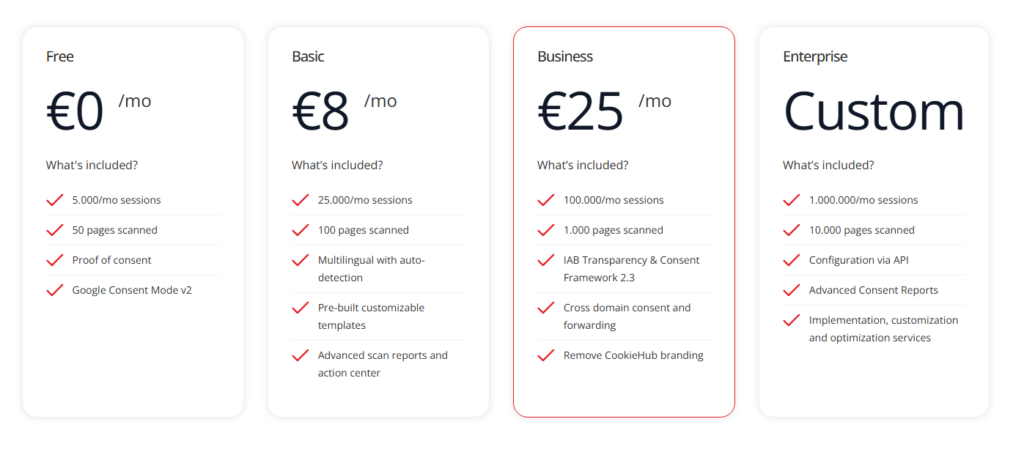 CookieHub pricing plans comparison screenshot