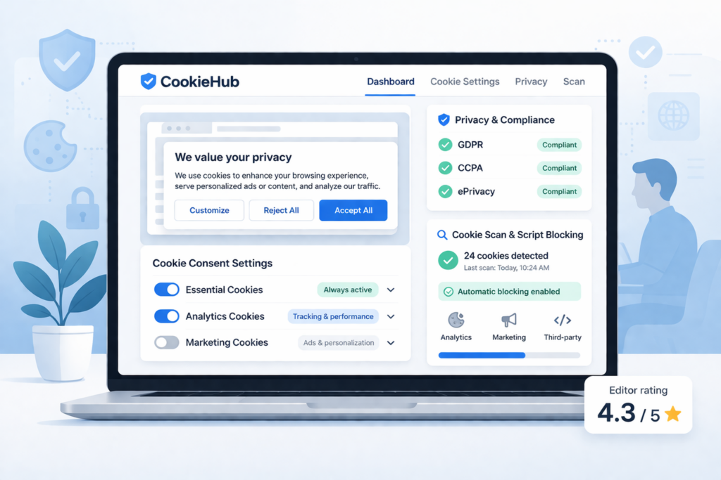 CookieHub dashboard showing cookie consent banner settings and privacy compliance tools