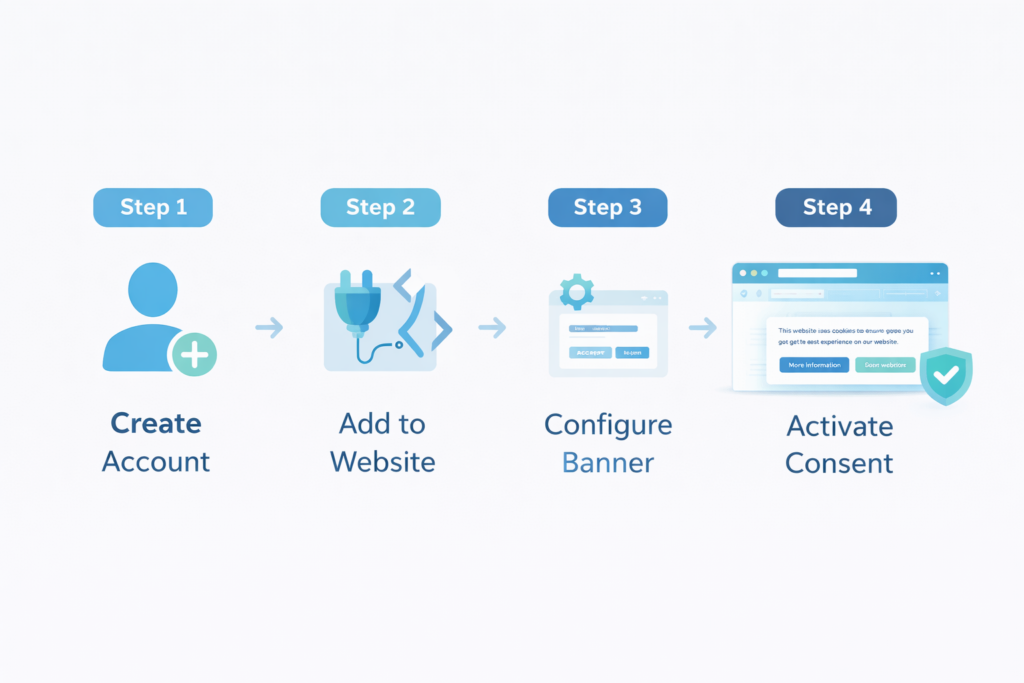 CookieHub setup process from creating an account to activating cookie consent