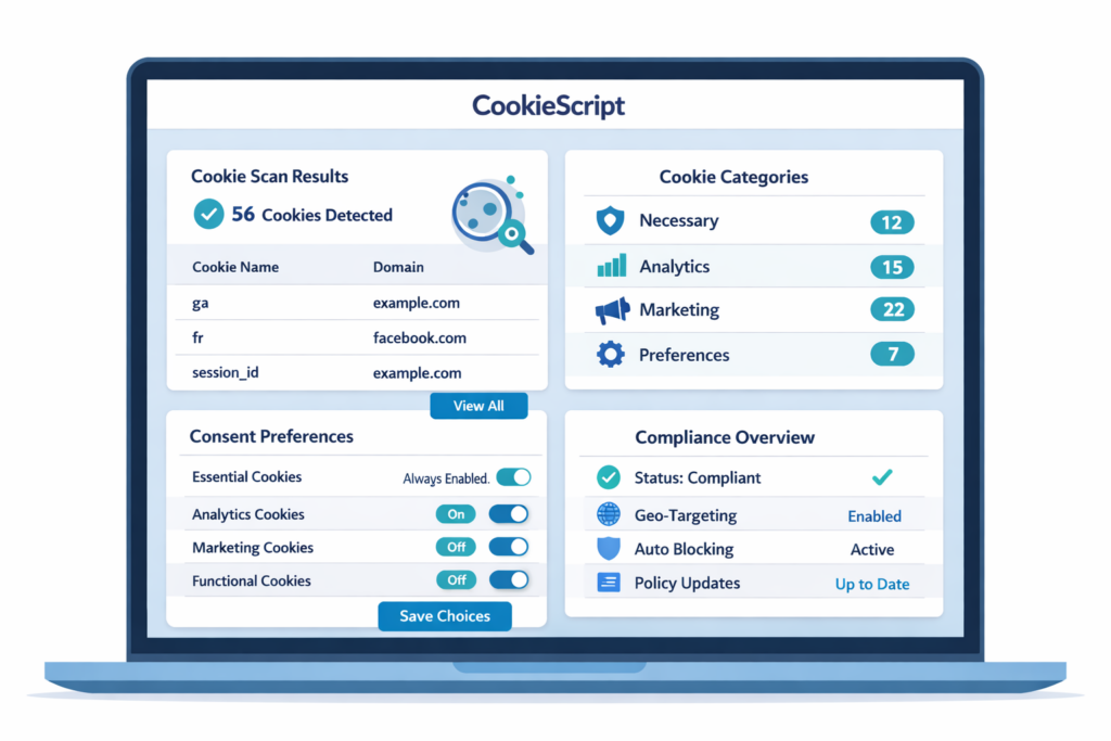 CookieScript dashboard showing cookie categories, consent management, and cookie scanning